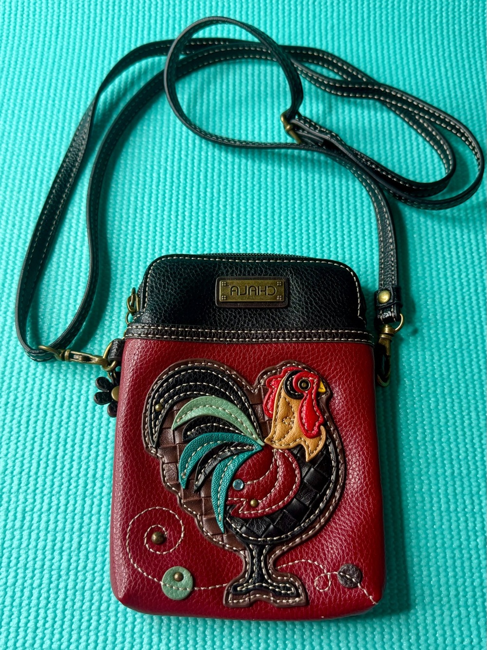 Chala Red Leather Crossbody Bag with Rooster Applique